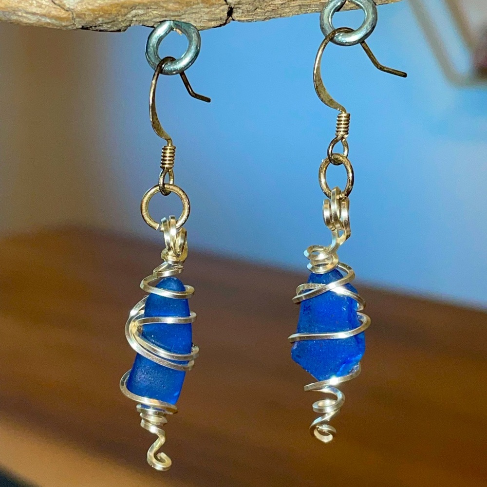 Hand made sea glass wire wrapped earrings dazzling blue
